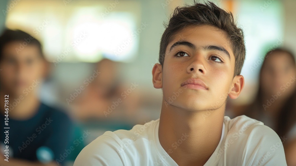 High school student engaged in class emphasizing the Back to School theme with a blurred background for selective focus High school student engaged in class emphasizing the Back to School theme with a blurred background for selective focus