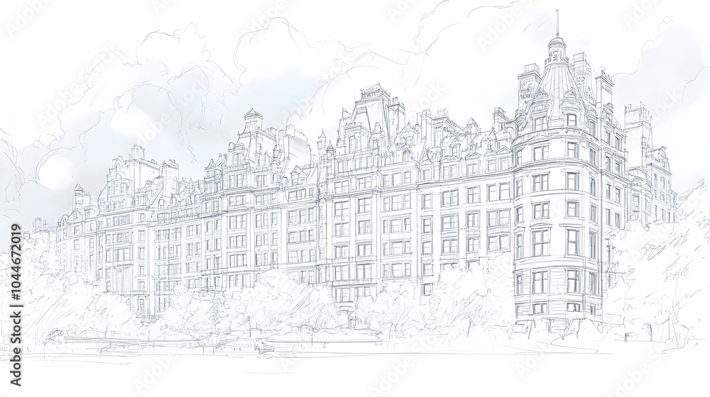 Sketch of a grand old building with many windows and a unique architectural design, surrounded by trees. Sketch of a grand old building with many windows and a unique architectural design, surrounded by trees.