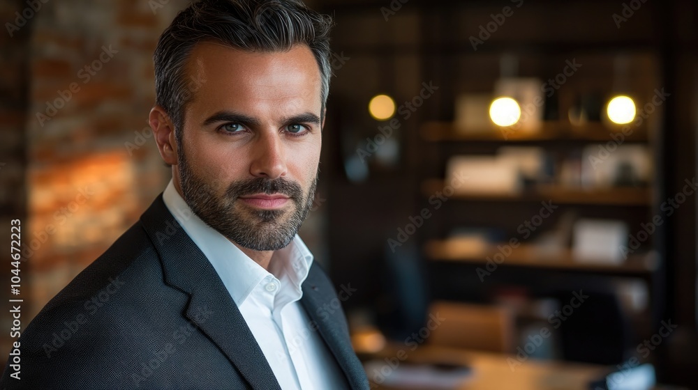 Confident successful businessman in a suit posing in an office setting while looking directly at the camera Confident successful businessman in a suit posing in an office setting while looking directly at the camera