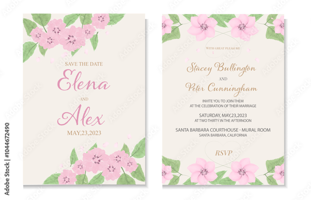 Hand drawn Elegant Happy Wedding Invitation Card with gold drawing floral frame. Botanic Watercolor border decoration. Template layout design for invite card, luxury invitation card and cover template Hand drawn Elegant Happy Wedding Invitation Card with gold drawing floral frame. Botanic Watercolor border decoration. Template layout design for invite card, luxury invitation card and cover template