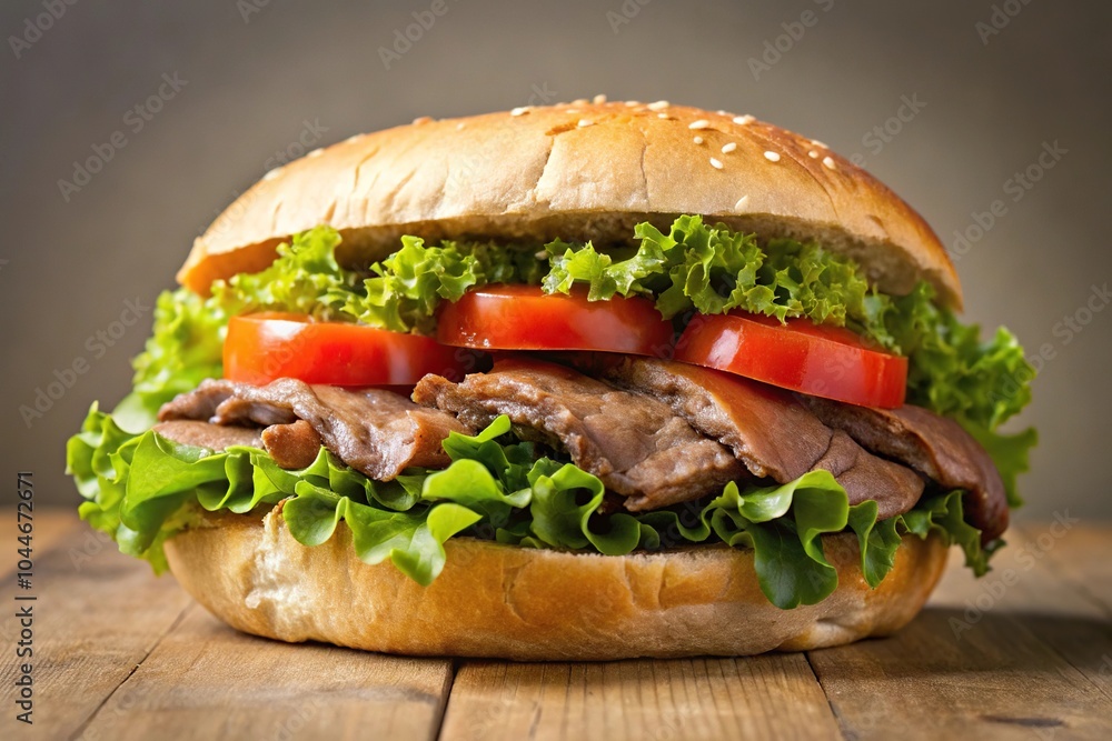Symmetrical steak sandwich with lettuce and tomato on a roll Symmetrical steak sandwich with lettuce and tomato on a roll