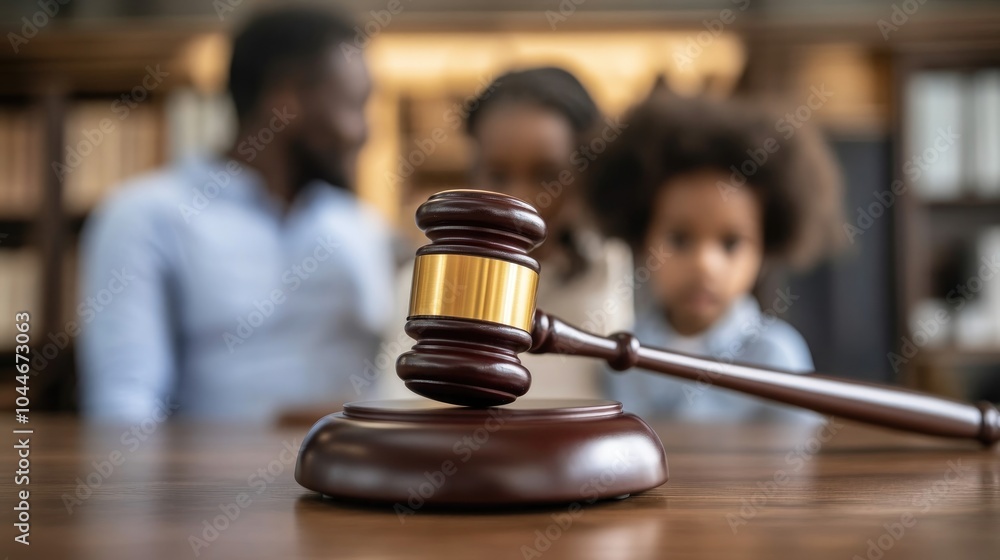 Wooden gavel with an African American family and child in the background anticipating a judge s decision related to child custody and family law concepts Wooden gavel with an African American family and child in the background anticipating a judge s decision related to child custody and family law concepts
