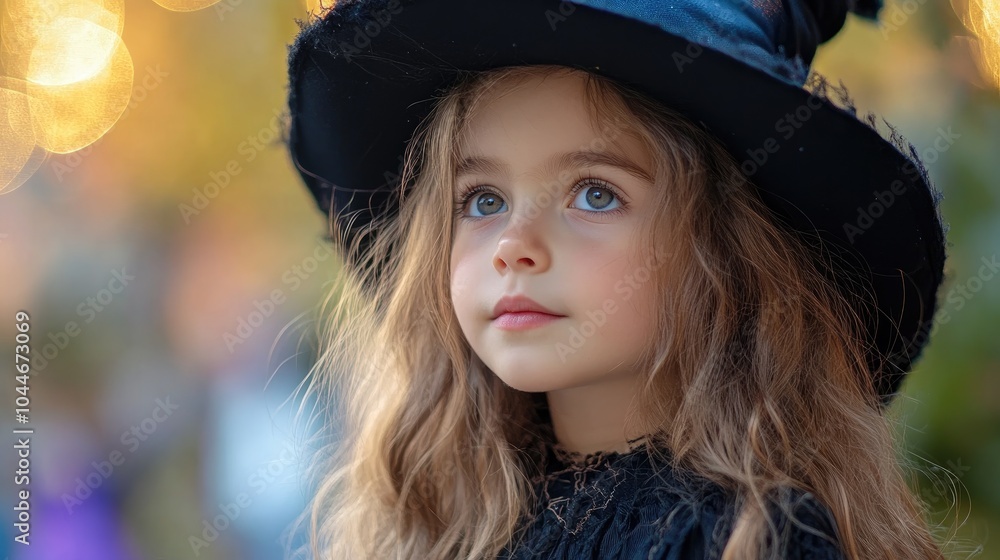 Thoughtful young girl dressed as a witch during Halloween festivities Thoughtful young girl dressed as a witch during Halloween festivities