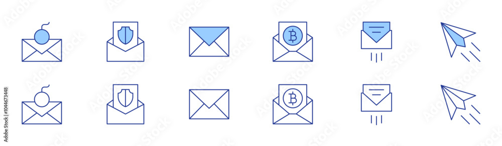 Mail icon set in two styles, Duotone and Thin Line style. Editable stroke. bitcoin, email, paper plane, mail, message Mail icon set in two styles, Duotone and Thin Line style. Editable stroke. bitcoin, email, paper plane, mail, message