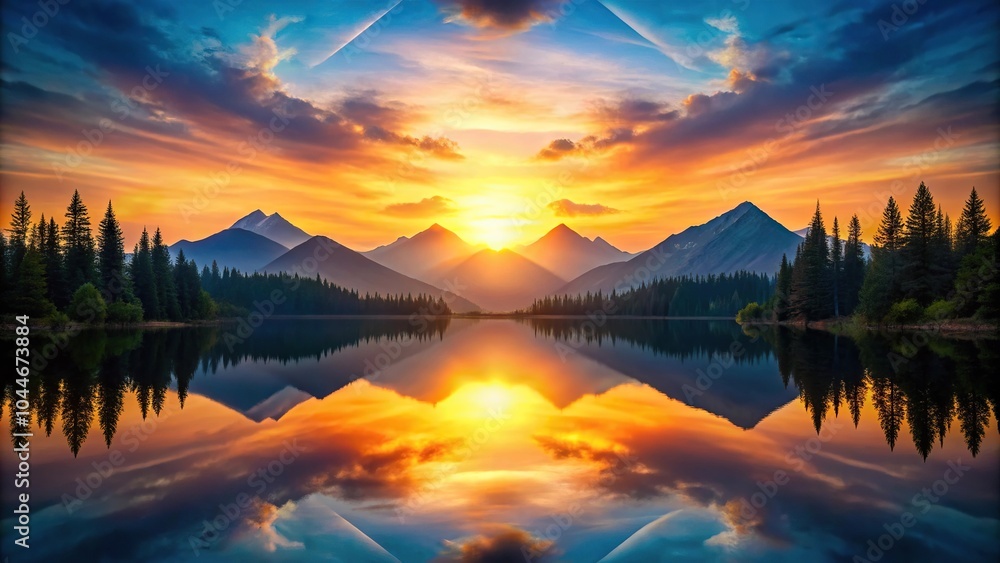 Symmetrical sunset in the mountains with clouds over a hill during evening Symmetrical sunset in the mountains with clouds over a hill during evening
