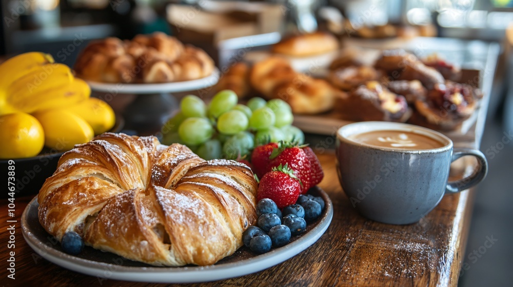 A delicious breakfast scene featuring a croissant, fresh fruits, and coffee in a cozy cafe setting.