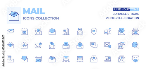 Mail icons collection. Line Duotone style, editable stroke. email, emails, invitation, newsletter, rejection, stats, web mail, calendar, inbox, love letter, mail, spam, virus