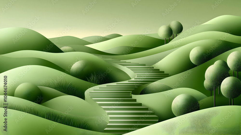 Obraz premium Winding stone staircase leading up a grassy hillside, with rolling green hills and trees in the background.