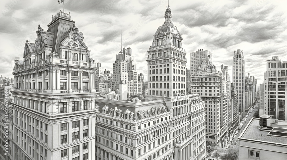 A black and white aerial view of the cityscape of New York City. A black and white aerial view of the cityscape of New York City.