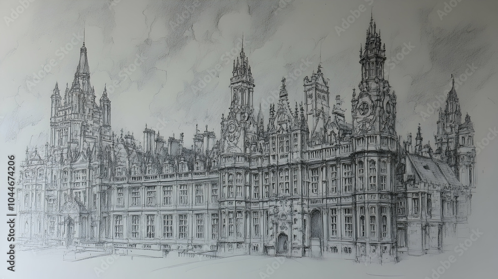 Fototapeta premium A black and white pencil drawing of a grand, historic building with multiple spires and towers.