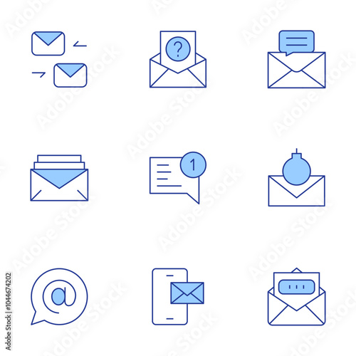 Mail icons set. Line Duotone style, editable stroke. email, mail, bomb, new message, question, sms