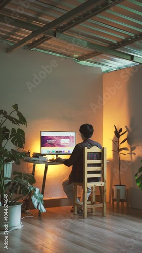Professionals working remotely from home, using computers in a comfortable office setup, balancing tasks and meetings efficiently in a modern workspace.