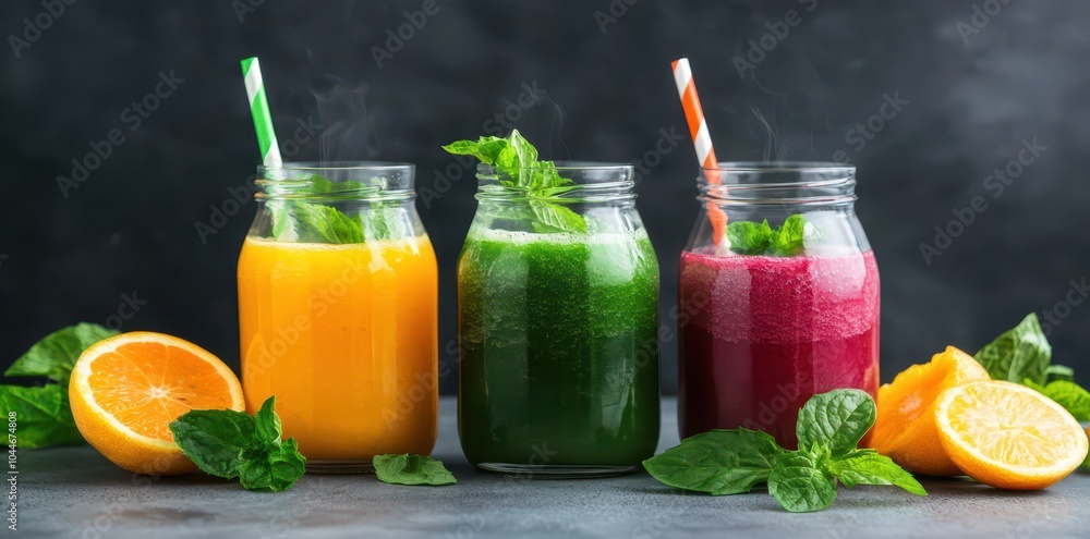 Vibrant detox juice with fresh fruits and leaves, showcasing a refreshing and healthy lifestyle in a colorful composition. Vibrant detox juice with fresh fruits and leaves, showcasing a refreshing and healthy lifestyle in a colorful composition.