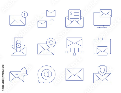 Mail icons. Thin Line style, editable stroke. correspondence, email, envelope, mail, notification, notification bell, send money