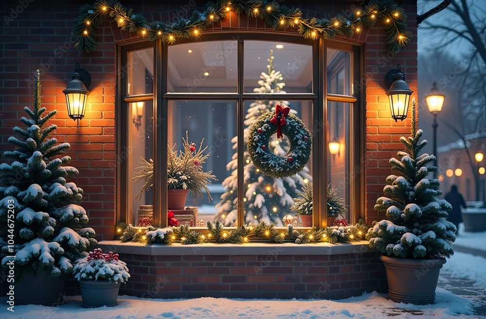 Fototapeta premium Outdoor Cozy window with Christmas decor and warm light inside - view from outside the house. celebrate Christmas and New Year, Christmas tree, bokeh, snow.