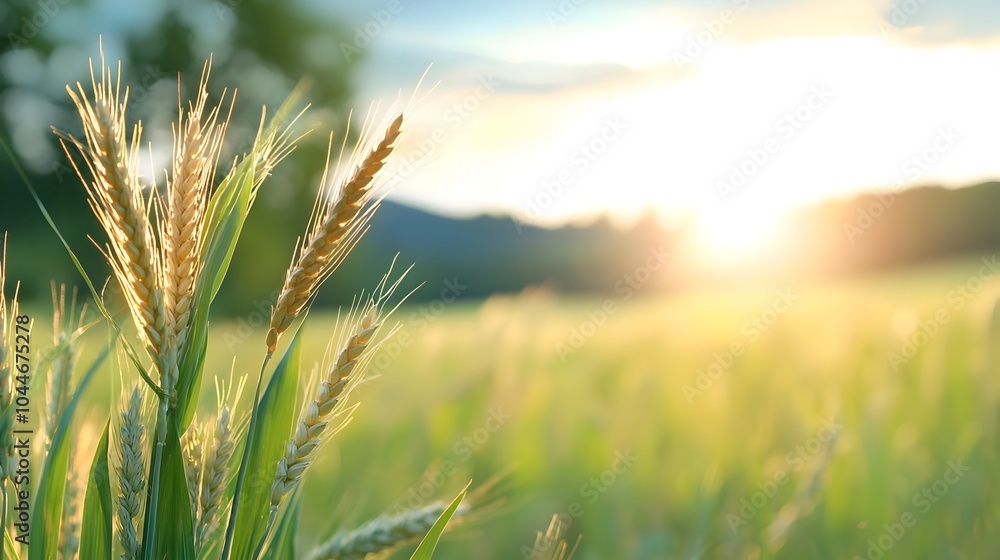 Fototapeta premium Serene sunlit wheat fields swaying gently in the breeze glowing under the soft evening light as shadows grow long across the picturesque rural landscape