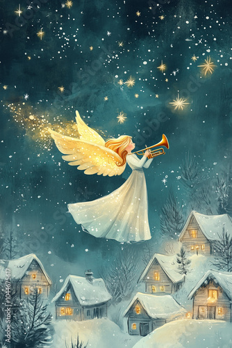 Angel playing trumpet under a starlit night sky