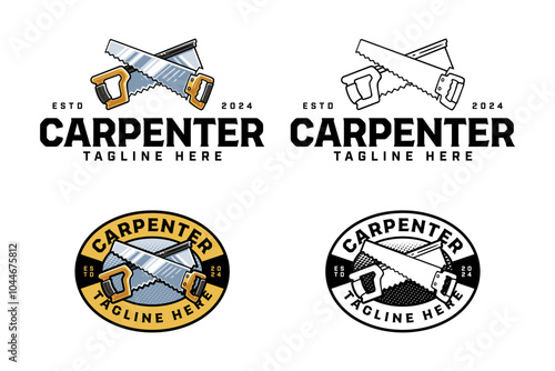 handsaw, backsaw crossed colorful and outline logo design set for workshop and carpenter. backsaw, handsaw cutting tool crossed illustration badge logo template for woodwork, craftsman