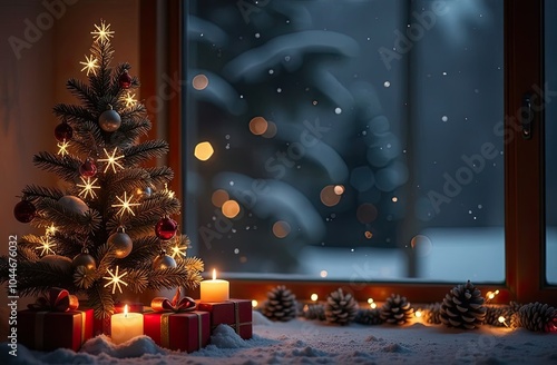 Indoor Cozy window with Christmas decor and warm light garlands and candles - inside view in winter and snow with spase for text. Celebrate Christmas and New Year, Christmas tree, bokeh.  photo