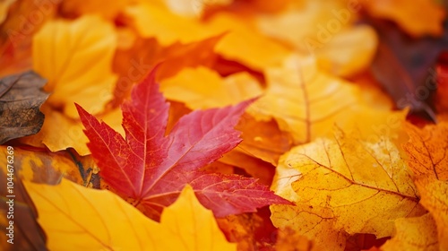 Vibrant autumn leaves create a beautiful carpet of colors, showcasing the essence of fall with red and yellow hues.