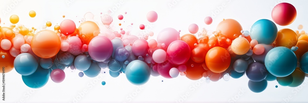 Colorful balloons flow in a cascading wave, varying in size and shade, casting soft shadows on a clean white background, delivering a festive and whimsical 3D effect Colorful balloons flow in a cascading wave, varying in size and shade, casting soft shadows on a clean white background, delivering a festive and whimsical 3D effect