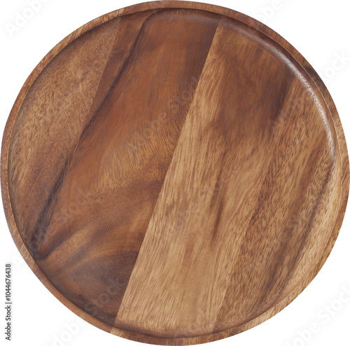 Top view of a round empty wooden plate isolated.