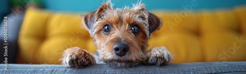 Small dog that is looking over a couch, animal background, banner, copy space