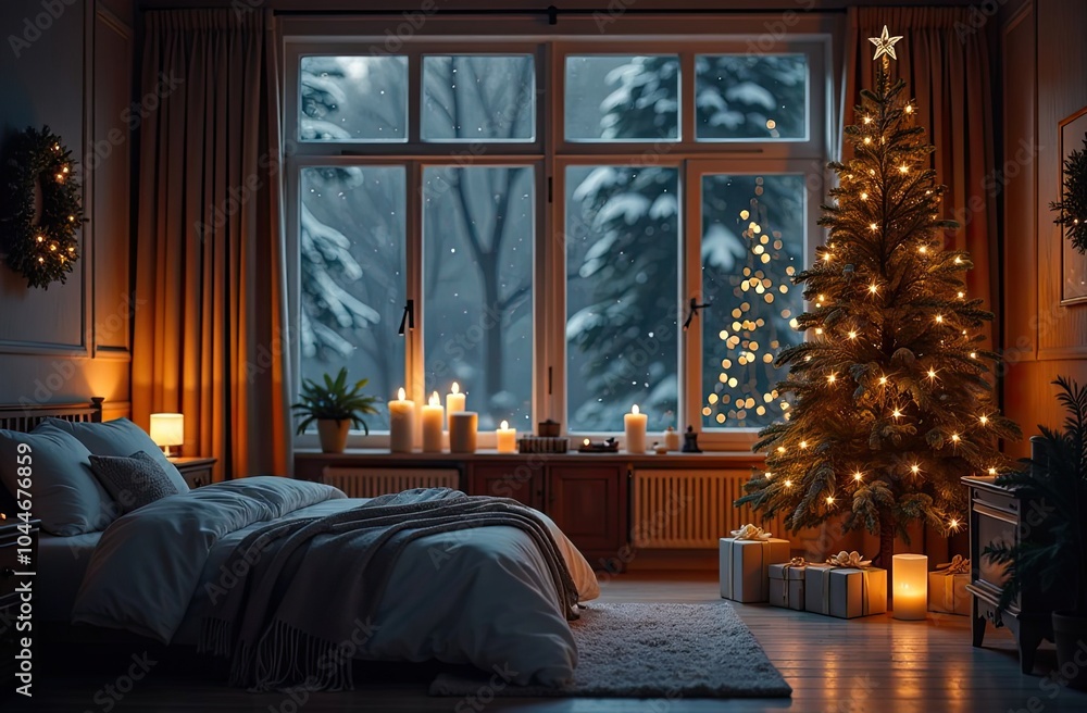 Cozy bedroom with a bed by window with Christmas decor and a Christmas tree and warm light garlands and candles - inside view in winter and snow. Celebrate Christmas and New Year, Christmas mood. Cozy bedroom with a bed by window with Christmas decor and a Christmas tree and warm light garlands and candles - inside view in winter and snow. Celebrate Christmas and New Year, Christmas mood.