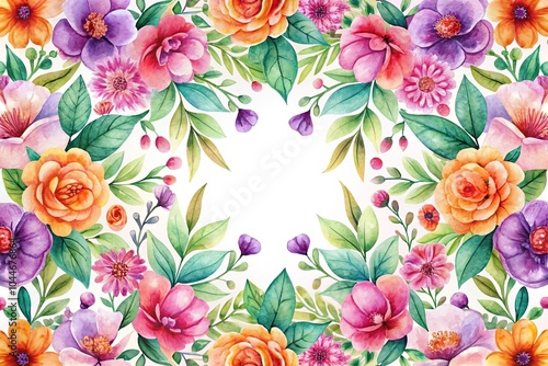 Symmetrical watercolor floral pattern with pink, orange, purple blossoms, green leaves