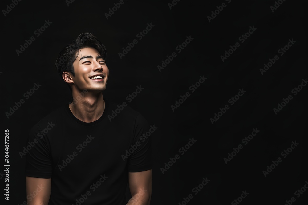 Fototapeta premium Portrait of a Smiling Young Man on a Dark Background. Generative AI.