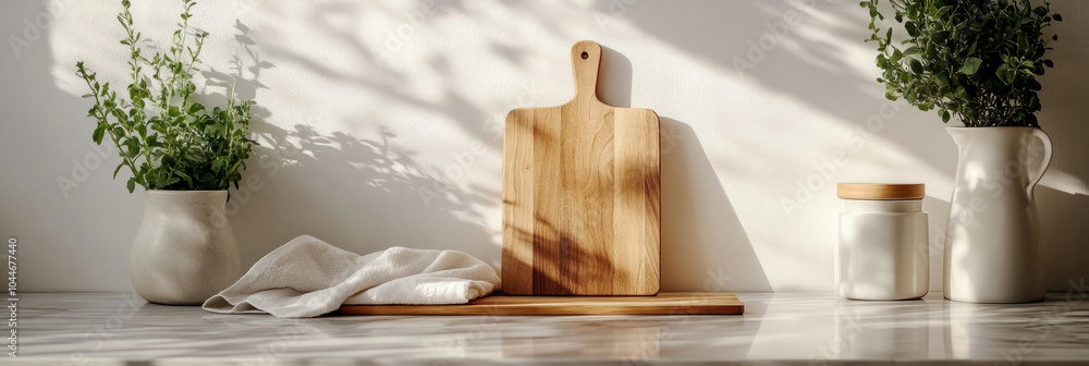 This modern kitchen showcases an empty mockup with a cutting board and towel on the table, creating a bright and clean space for cooking and meal preparation