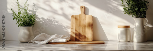Obraz na płótnie This modern kitchen showcases an empty mockup with a cutting board and towel on the table, creating a bright and clean space for cooking and meal preparation w salonie