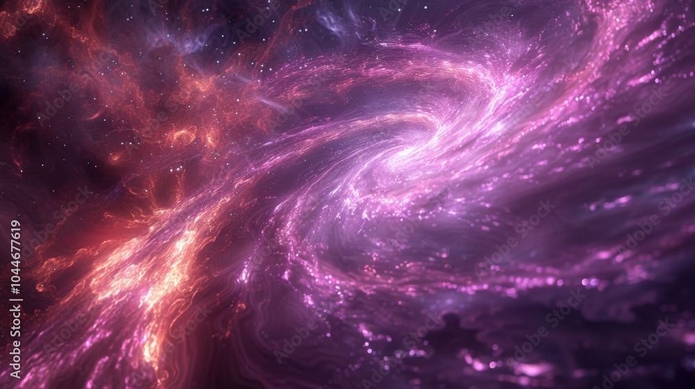 Purple and black swirly space with stars and a bright light Purple and black swirly space with stars and a bright light