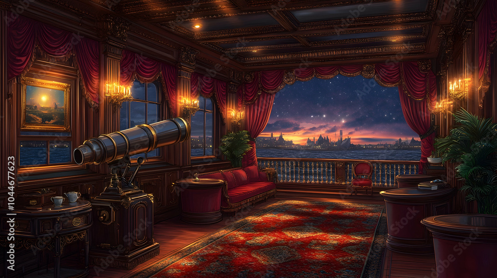 A lavishly decorated ship cabin with a telescope and a view of a city at sunset. A lavishly decorated ship cabin with a telescope and a view of a city at sunset.