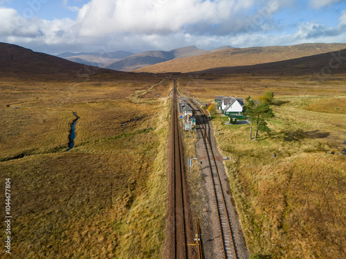 Aerial drone shots of Corrour train station made famous by the film Trainspotting