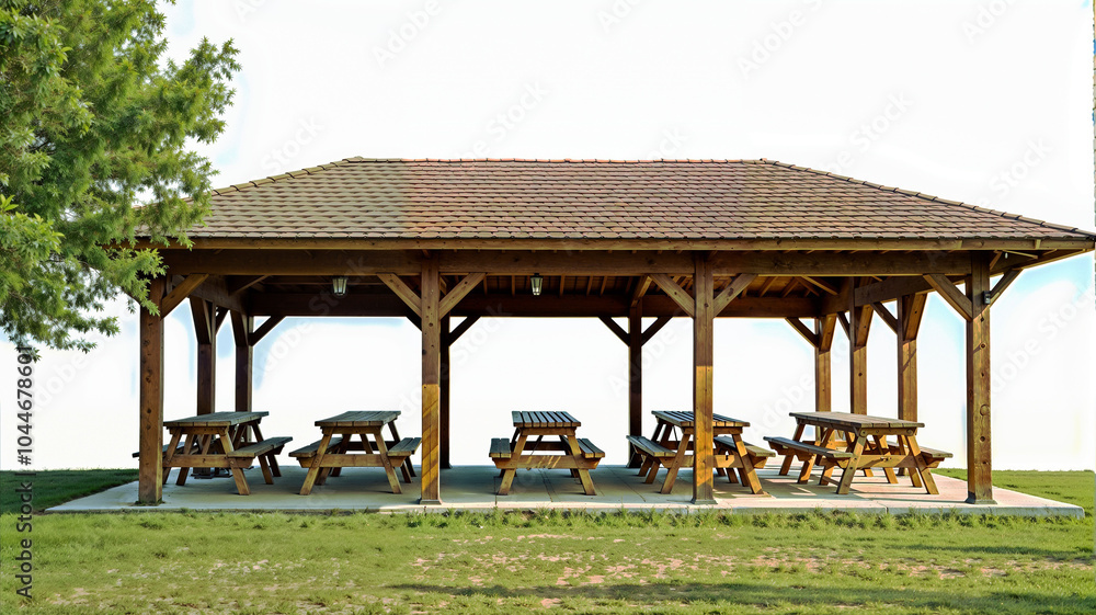 Wooden gazebo in the park with green grass. Wooden gazebo in the park with green grass.