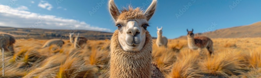 Obraz premium Two llamas standing in a field of tall grass, animal background, banner, copy space