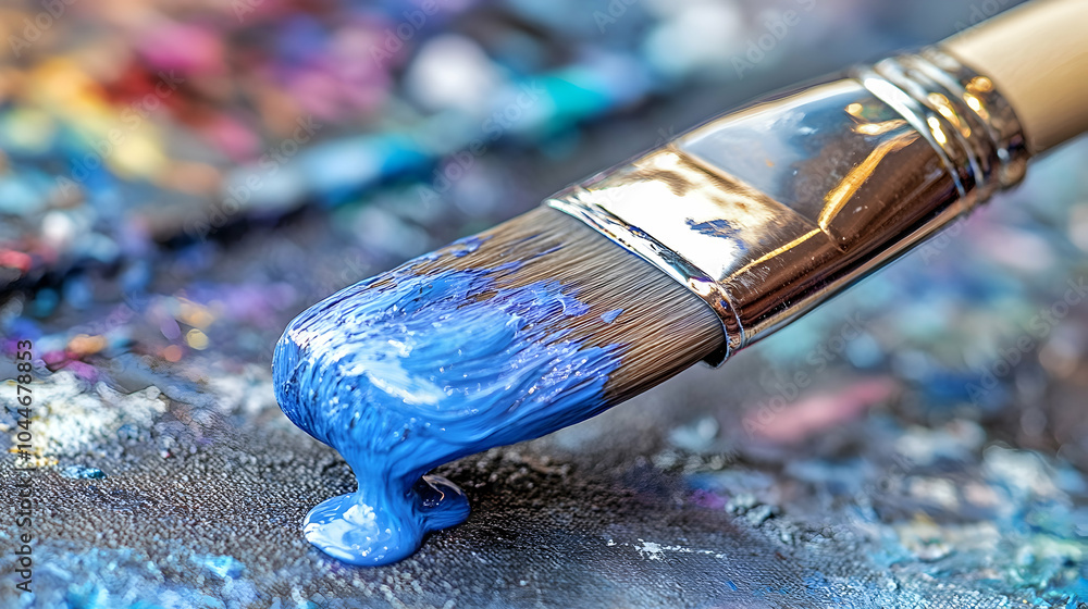 Fototapeta premium A paintbrush with blue paint dripping onto a palette.