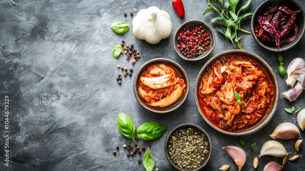 Appetizing Kimchi and Side Dishes on Rustic Table Appetizing Kimchi and Side Dishes on Rustic Table