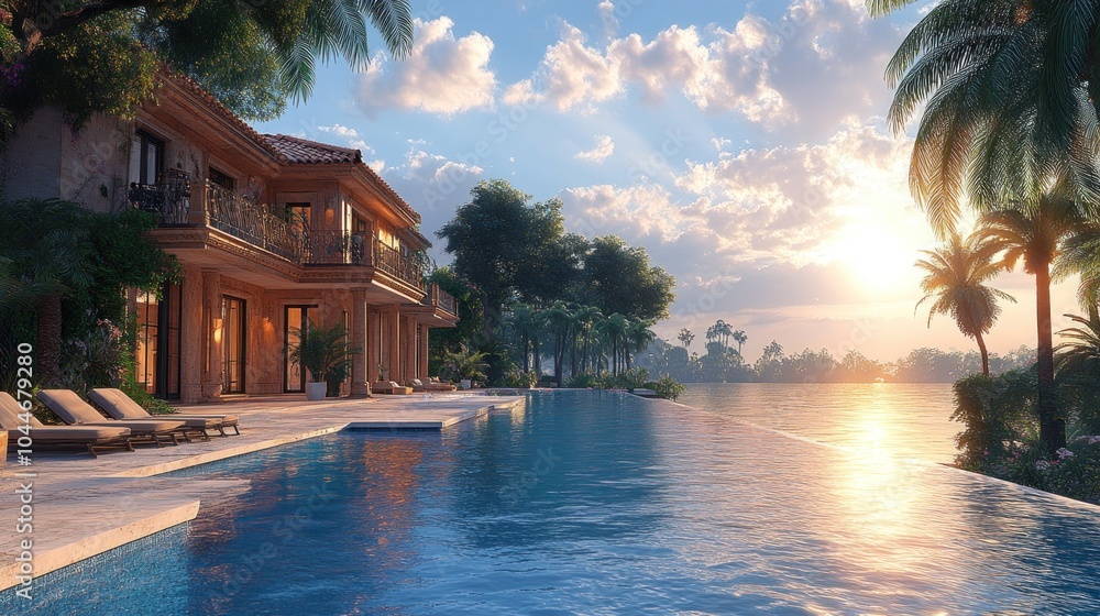 Fototapeta premium Luxurious villa by a serene infinity pool at sunset.