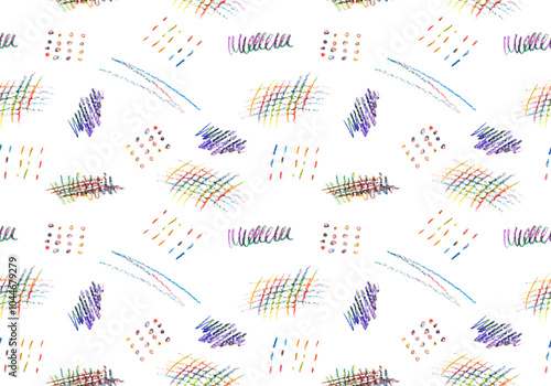 Seamless pattern of colorful naive playful shapes drawing by wax crayon pencil. Chalk scribbles in pastel colors. Children brush handdrawn doodles. Chalk drawn grunge vector texture
