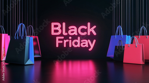 Exciting Black Friday Shopping Experience Unlock Incredible Deals and Discounts This Holiday Season with Vibrant Neon Signage and Stylish Bags photo