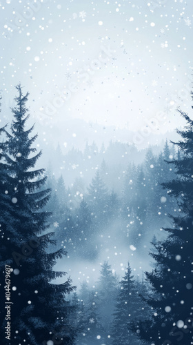 Snow falling softly against a blurred snowy pine forest, evoking a calm and tranquil winter atmosphere