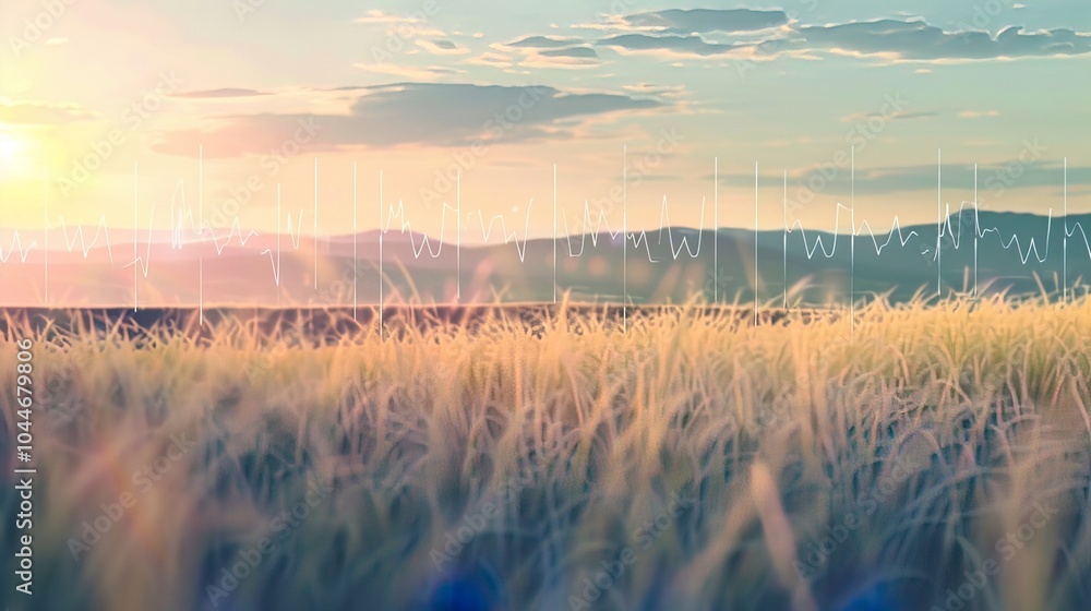 Fototapeta premium Sound waves radiating across a serene landscape, symbolizing the interconnectedness and harmony of natural and auditory elements.