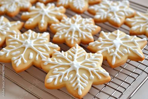 star cookies with painted snowflakes. a winter theme for baking and desserts. Christmas decor. sweet food cooked at home. photo