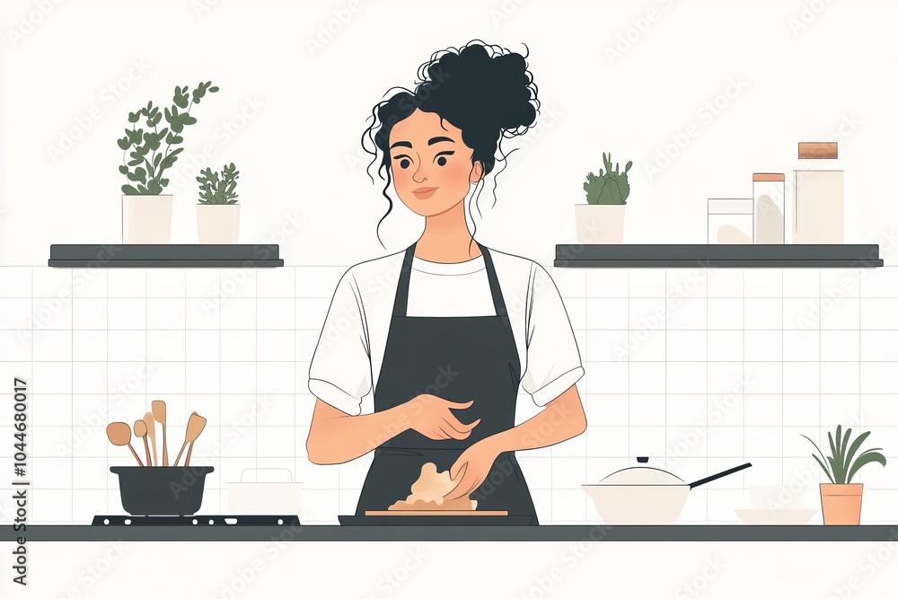 A flat illustration of a woman cooking in a modern kitchen captures a minimalist design style, showcasing contemporary appliances and a casual culinary atmosphere