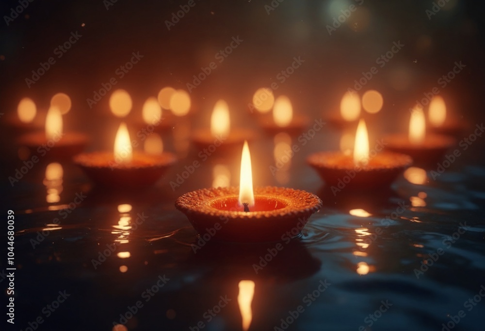 Radiant Diwali background with Diya's floating on water and reflected light effects Radiant Diwali background with Diya's floating on water and reflected light effects