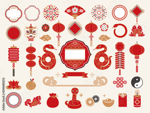 2025 snake and Chinese new year icon set, vector, illustration