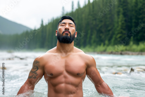 An Asian man meditates standing waist-deep in an icy river. hardening of the body. Muscular man with a beard and tattoos relaxing with eyes closed in mountain  river. photo