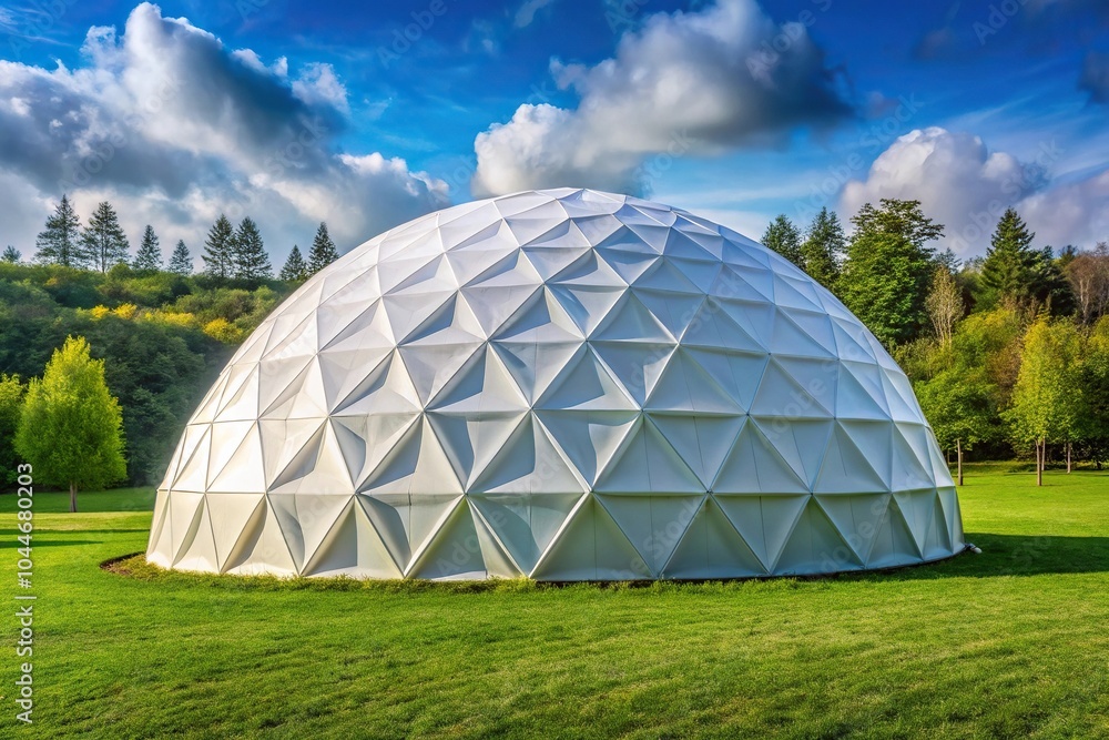 Symmetrical white plastic geodesic dome in a green field modern ball structure Symmetrical white plastic geodesic dome in a green field modern ball structure
